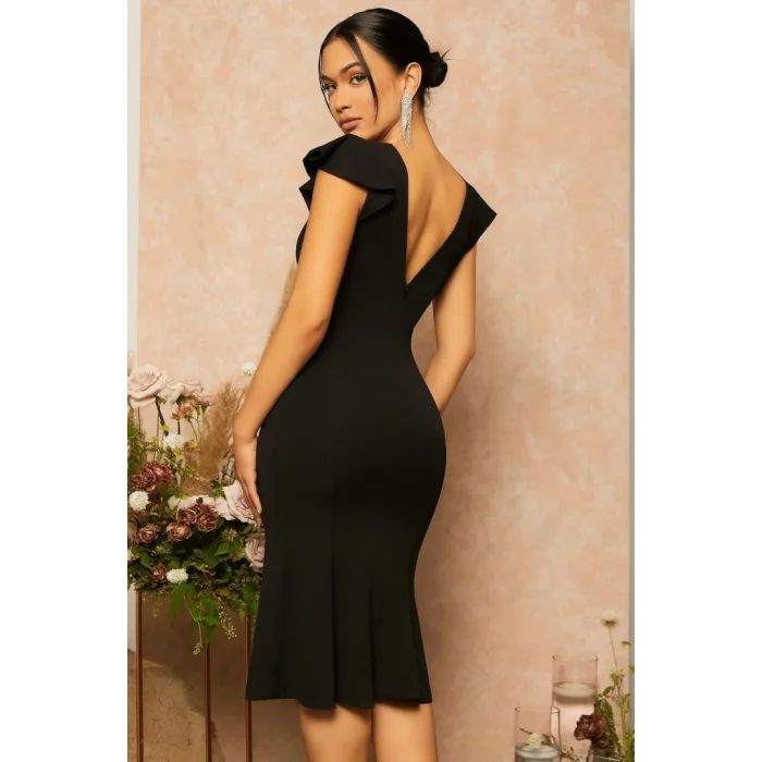 Kadın Kısa Kelebek Kollu Kruvaze Yaka Ithal Krep Midi Elbise