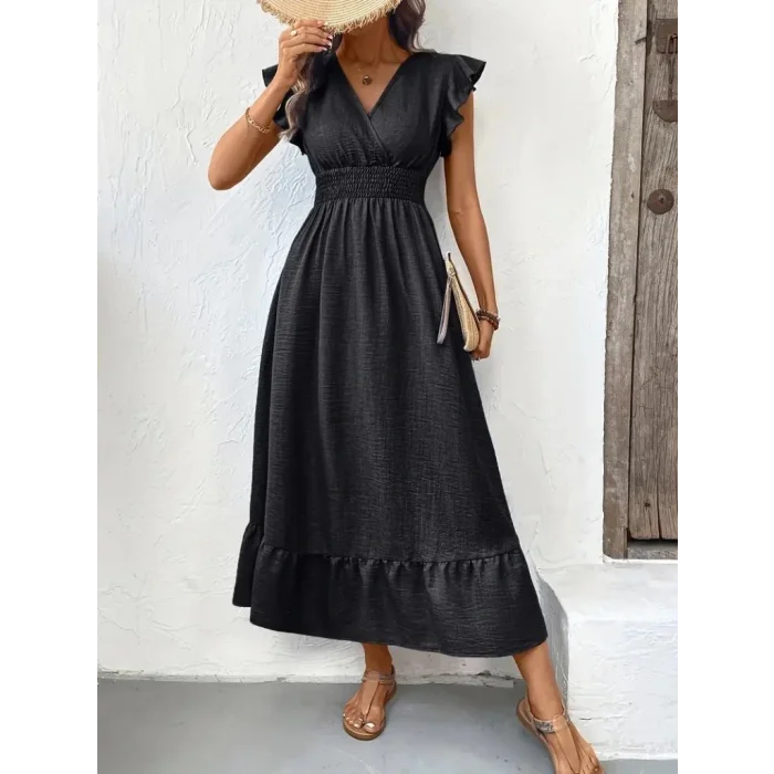 Kadın Kısa Kelebek Kollu Kruvaze Yakalı Beli Lastikli Aerobin Elbise