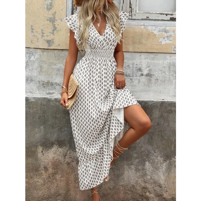 Kadın Kısa Kelebek Kollu Kruvaze Yakalı Desenli Süprem Elbise