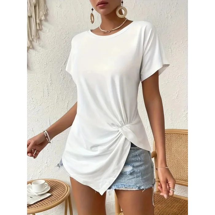 Kadın Kısa Kollu Asimetrik Kesim Bel Büzgü Düğüm Detay Viskon Bluz