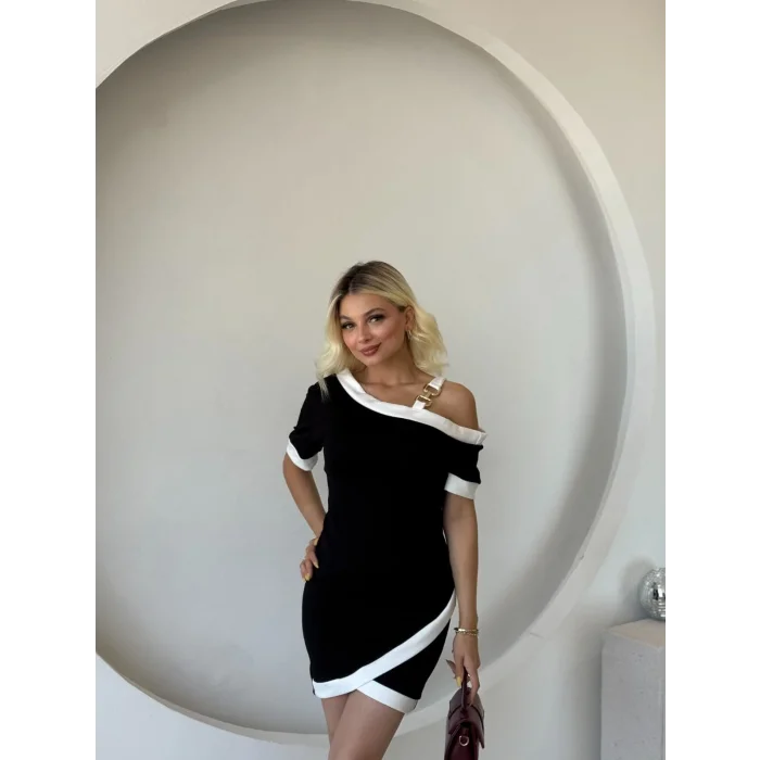 Kadın Kısa Kollu Asimetrik Kesim Yaka şerit Ve Aksesuar Detaylı Modal Elbise