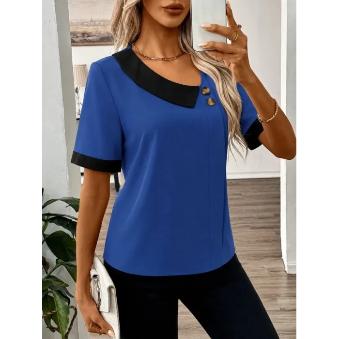 Kadın Kısa Kollu Asımetrik Yaka Detaylı Düğmeli Dubai Bluz