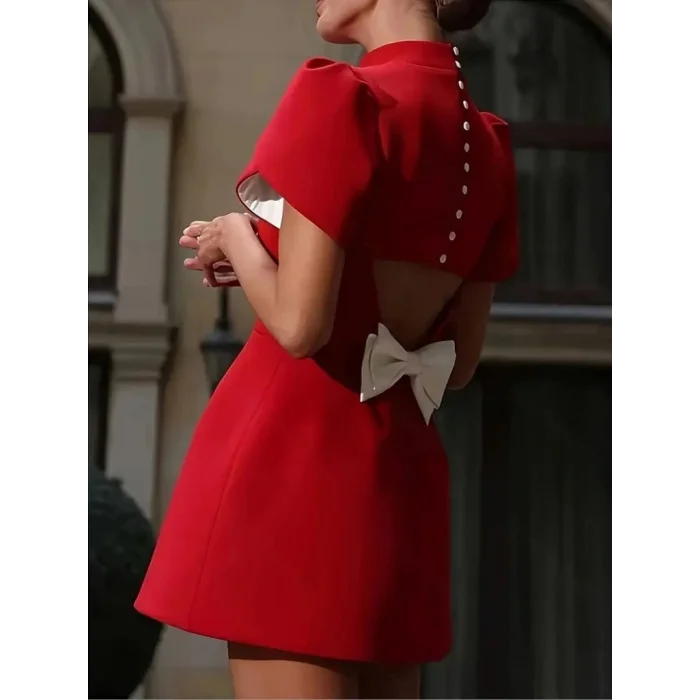 Kadın Kısa Kollu Balıkçı Yaka Arkadan Kelebek Dekolte Detaylı Kısa Atlas Elbise