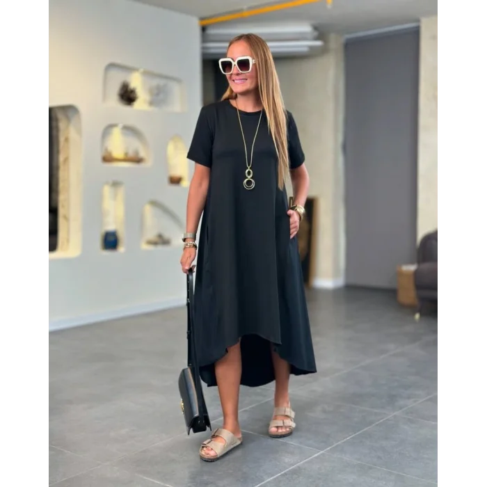 Kadın Kısa Kollu Bisiklet Yaka Asimetrik Kesim ön Viskon Arkası Trikoton Elbise