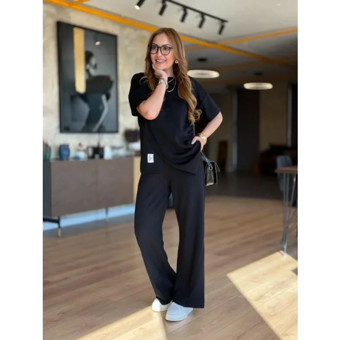 Kadın Kısa Kollu Bisiklet Yaka Asimetrik Viskon Iki Iplik Bluz Ve Pantolon Ikili Takım