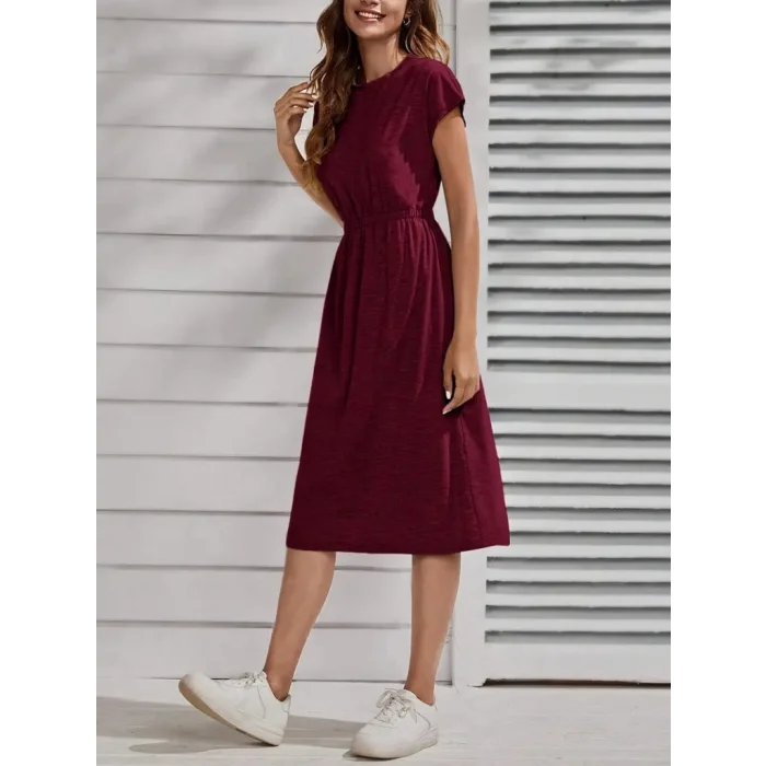 Kadın Kısa Kollu Bisiklet Yaka Belden Lastikli Midi Viskon Elbise