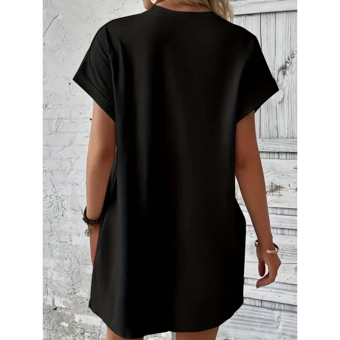 Kadın Kısa Kollu Bisiklet Yaka Cepli Kelebek Baskılı Viskon Elbise