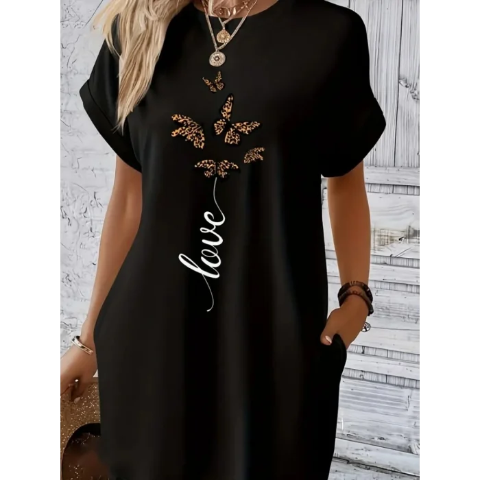 Kadın Kısa Kollu Bisiklet Yaka Cepli Kelebek Baskılı Viskon Elbise