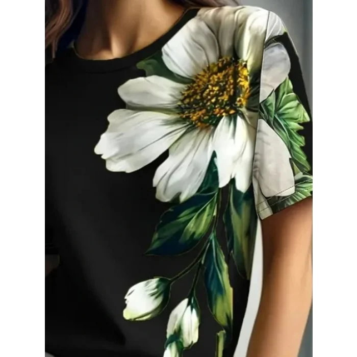 Kadın Kısa Kollu Bisiklet Yaka çiçek Baskılı Süprem Bluz