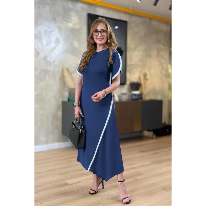 Kadın Kısa Kollu Bisiklet Yaka çift şerit Renk Detaylı Asimetrik Kesim Viskon Iki Iplik Elbise