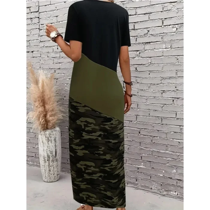 Kadın Kısa Kollu Bisiklet Yaka çok Renkli Maksi Viskon Elbise