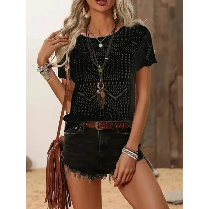 Kadın Kısa Kollu Bisiklet Yaka Desenli Triko Bluz