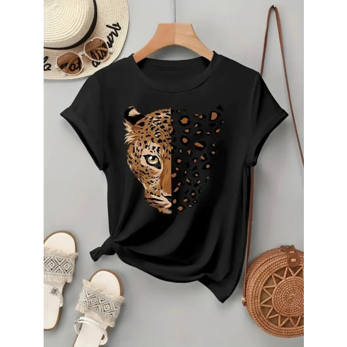 Kadın Kısa Kollu Bisiklet Yaka Desenli Viskon Bluz