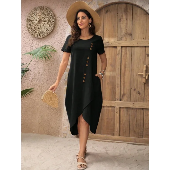 Kadın Kısa Kollu Bisiklet Yaka Düğme Detay Müslim Elbise