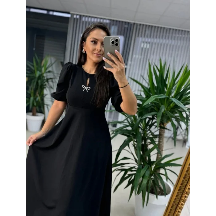 Kadın Kısa Kollu Bisiklet Yaka Fiyonk Broşlu Midi Janjan Krep Elbise