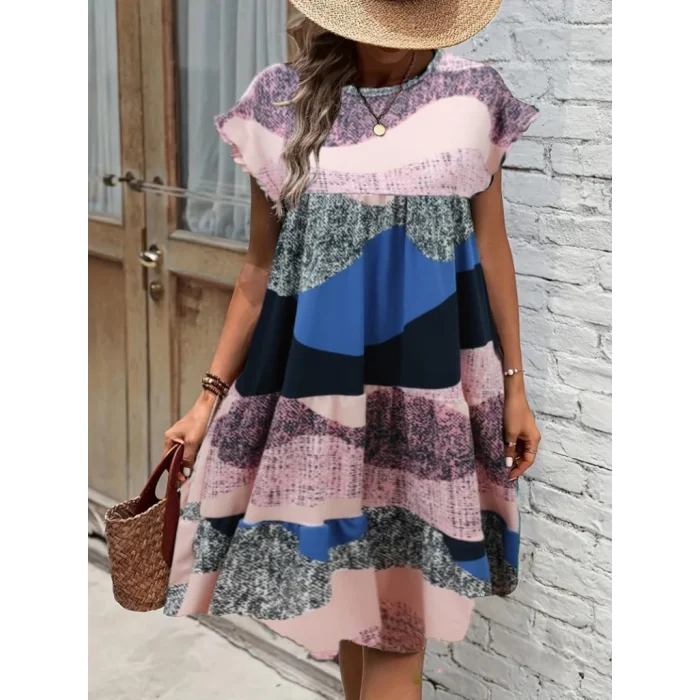 Kadın Kısa Kollu Bisiklet Yaka Kare Desenli Dalgıç Elbise