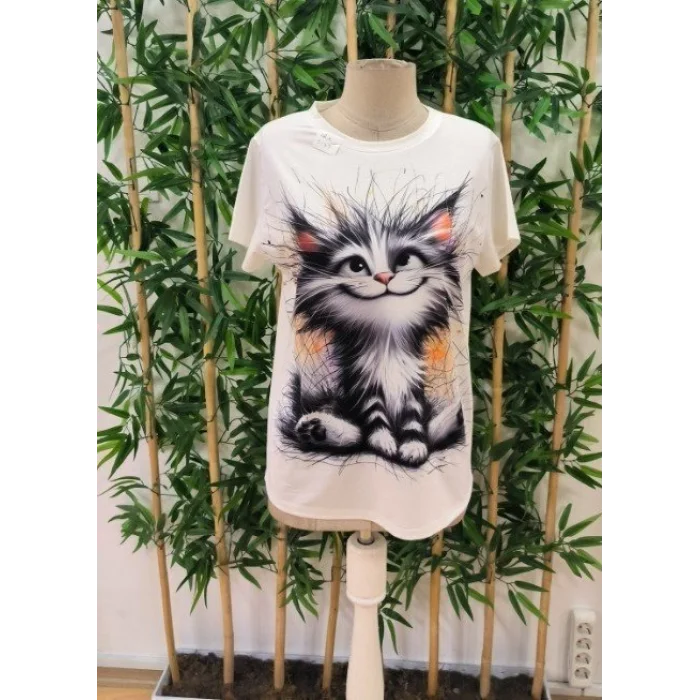 Kadın Kısa Kollu Bisiklet Yaka Kedi Baskılı Süprem Bluz