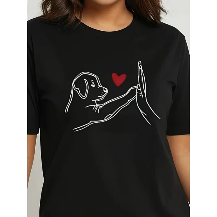 Kadın Kısa Kollu Bisiklet Yaka Köpek Baskılı Viskon Bluz