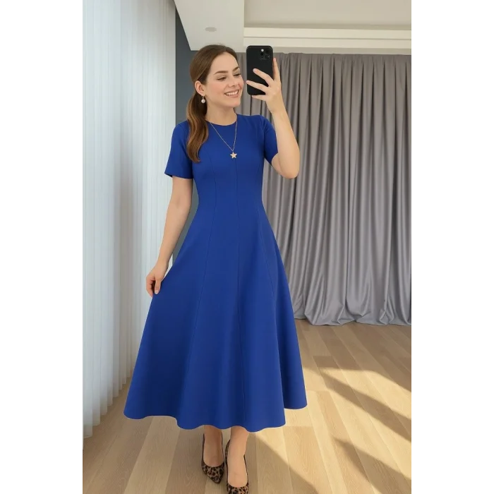 Kadın Kısa Kollu Bisiklet Yaka Maksi Boy Ithal Krep Elbise