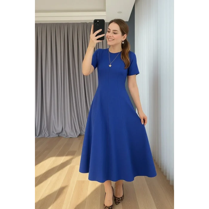 Kadın Kısa Kollu Bisiklet Yaka Maksi Boy Ithal Krep Elbise