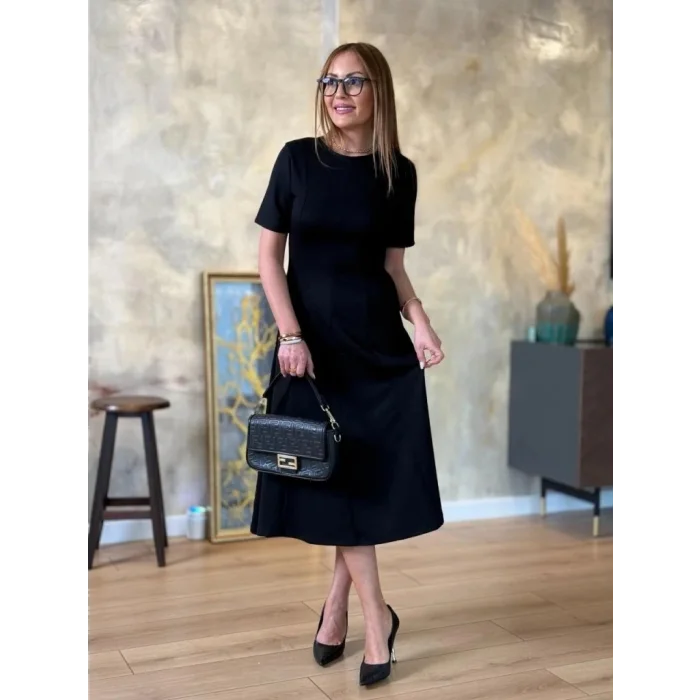 Kadın Kısa Kollu Bisiklet Yaka Midi Viskon Iki Iplik Elbise