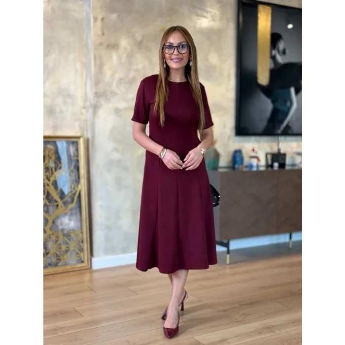 Kadın Kısa Kollu Bisiklet Yaka Midi Viskon Iki Iplik Elbise