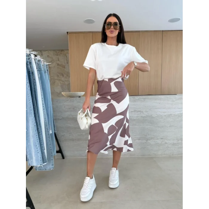 Kadın Kısa Kollu Bisiklet Yaka Viskon Bluz Ve Desenli Süprem Etek Ikili Takım