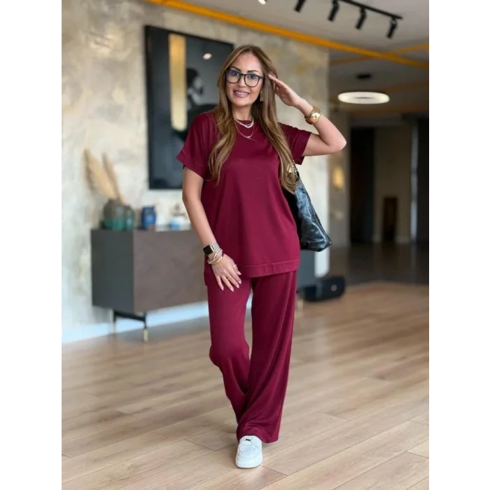 Kadın Kısa Kollu Bisiklet Yaka Viskon Iki Iplik Bluz Ve Pantolon Ikili Takım