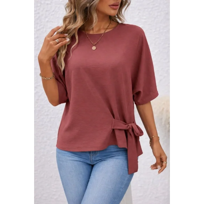 Kadın Kısa Kollu Bisiklet Yaka Yandan Bağcıklı Aerobin Bluz