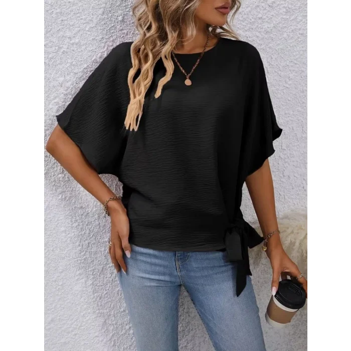 Kadın Kısa Kollu Bisiklet Yaka Yandan Bağcıklı Aerobin Bluz