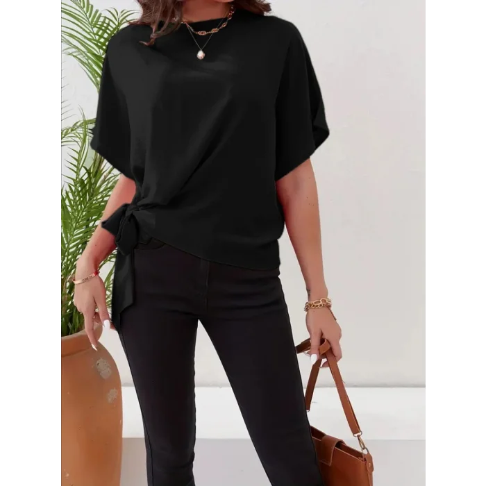 Kadın Kısa Kollu Bisiklet Yaka Yandan Bağlamalı Aerobin Bluz