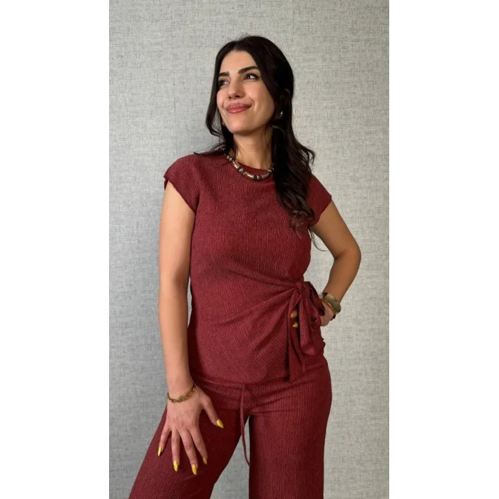 Kadın Kısa Kollu Bisiklet Yaka Yandan Bağlamalı Bürümcük Bluz Ve Pantolon Ikili Takım