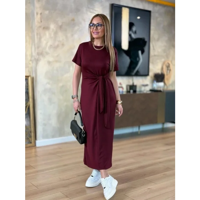 Kadın Kısa Kollu Bisiklet Yaka Yandan Bağlamalı Viskon Iki Iplik Elbise