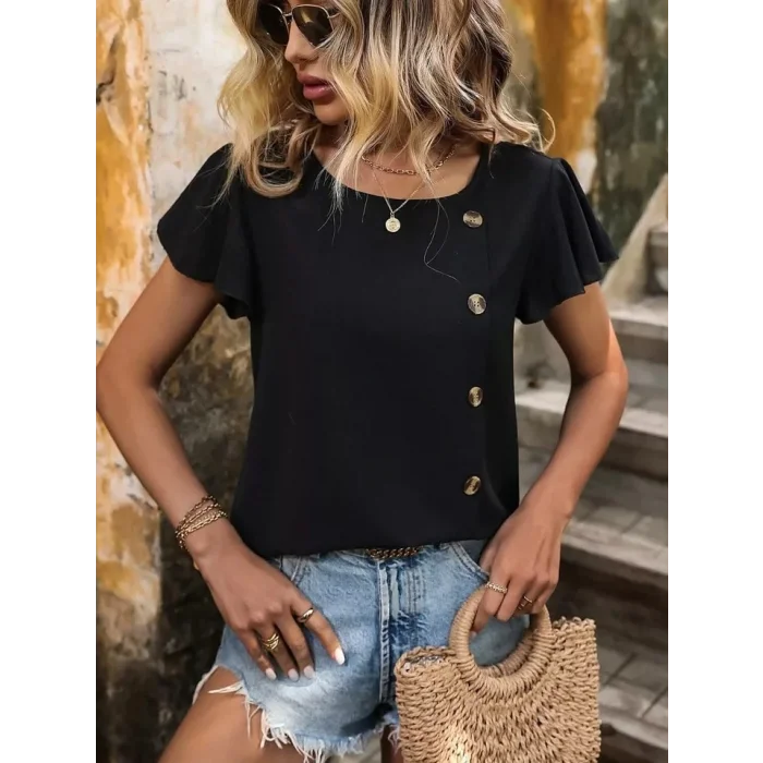 Kadın Kısa Kollu Bisiklet Yaka Yandan Düğmeli Viskon Bluz