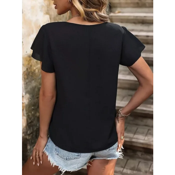 Kadın Kısa Kollu Bisiklet Yaka Yandan Düğmeli Viskon Bluz