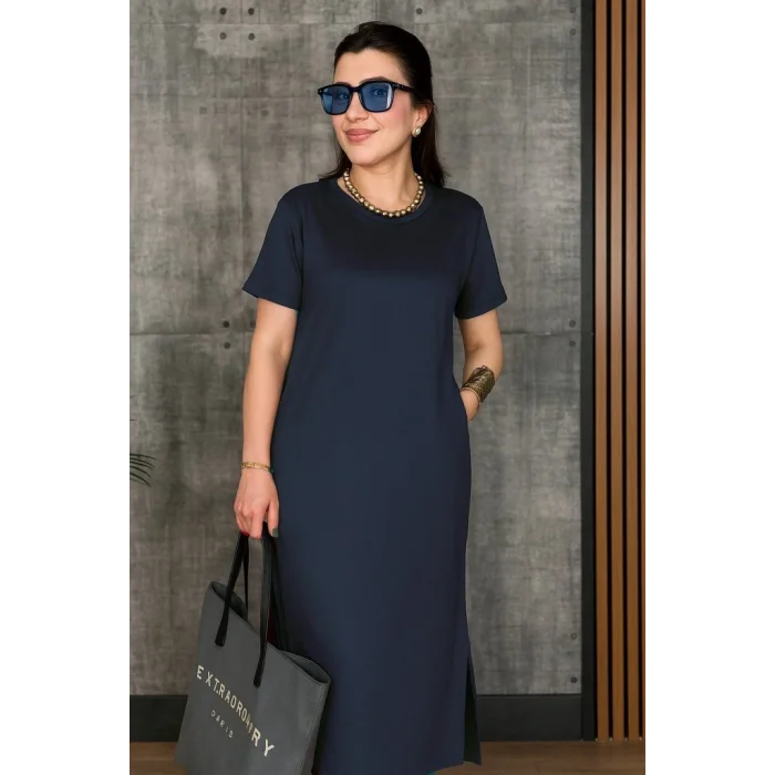 Kadın Kısa Kollu Bisiklet Yaka Yırtmaçlı Viskon Iki Iplik Elbise