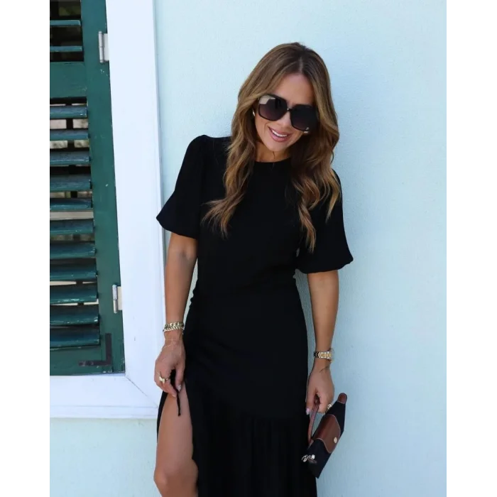 Kadın Kısa Kollu Bisiklet Yakalı Yandan Yırtmaçlı Büzgülü Janjan Krep Elbise