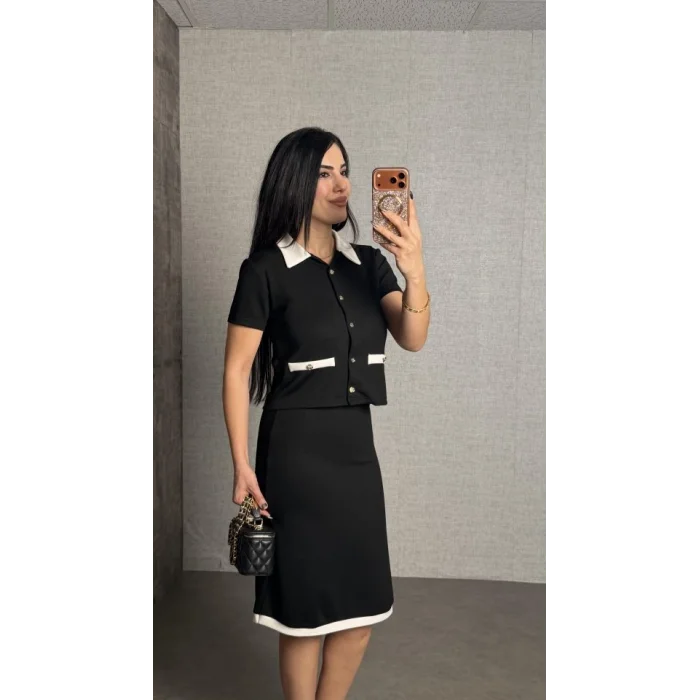 Kadın Kısa Kollu Cep Ve Düğme Detay Ceket Ve Diz üstü Etek Ikili Takım