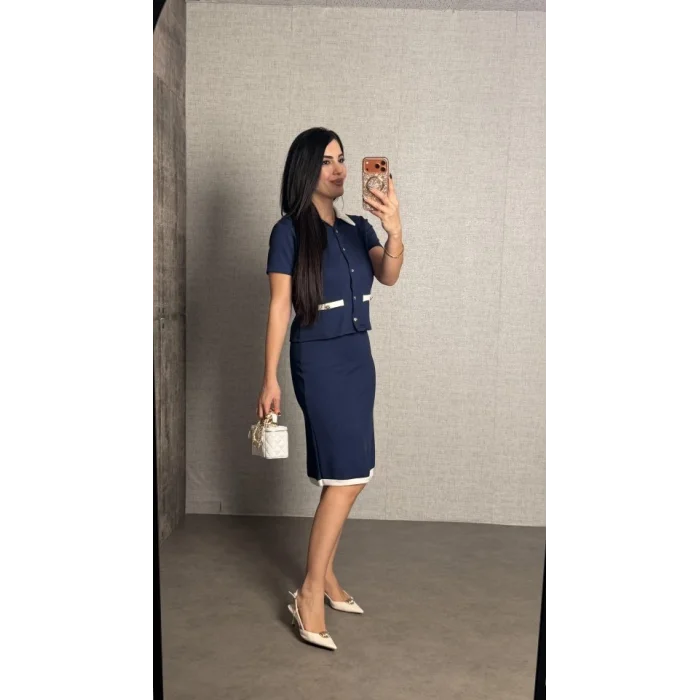 Kadın Kısa Kollu Cep Ve Düğme Detay Ceket Ve Diz üstü Etek Ikili Takım