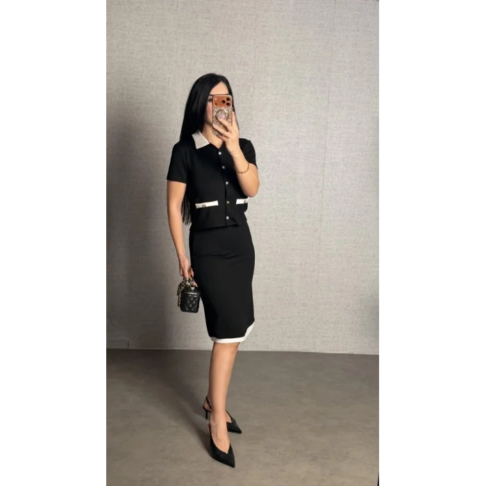 Kadın Kısa Kollu Cep Ve Düğme Detay Ceket Ve Diz üstü Etek Ikili Takım