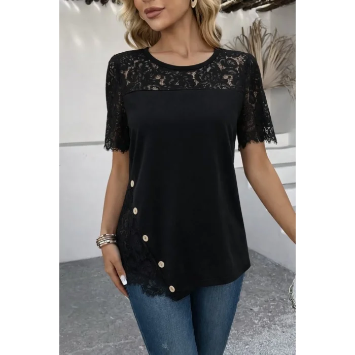 Kadın Kısa Kollu Dantel Detaylı Yandan Düğmeli Waffle Bluz