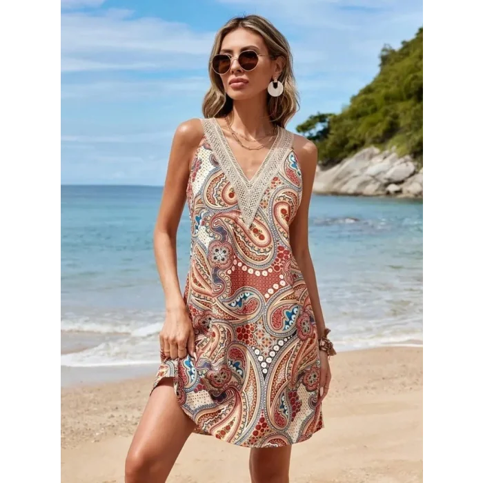 Kadın Kısa Kollu Dantel V Yakalı Desenli Süprem Elbise