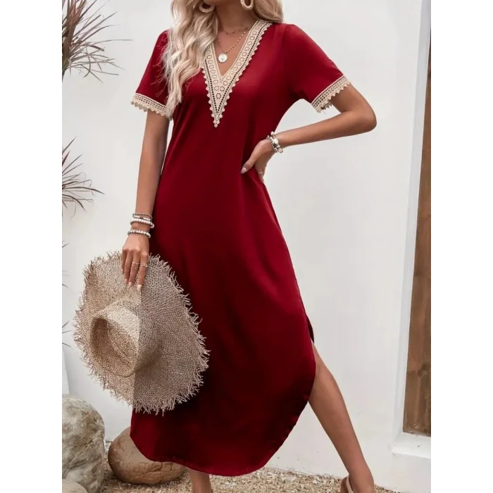 Kadın Kısa Kollu Dantel V Yakalı Uzun Viskon Elbise