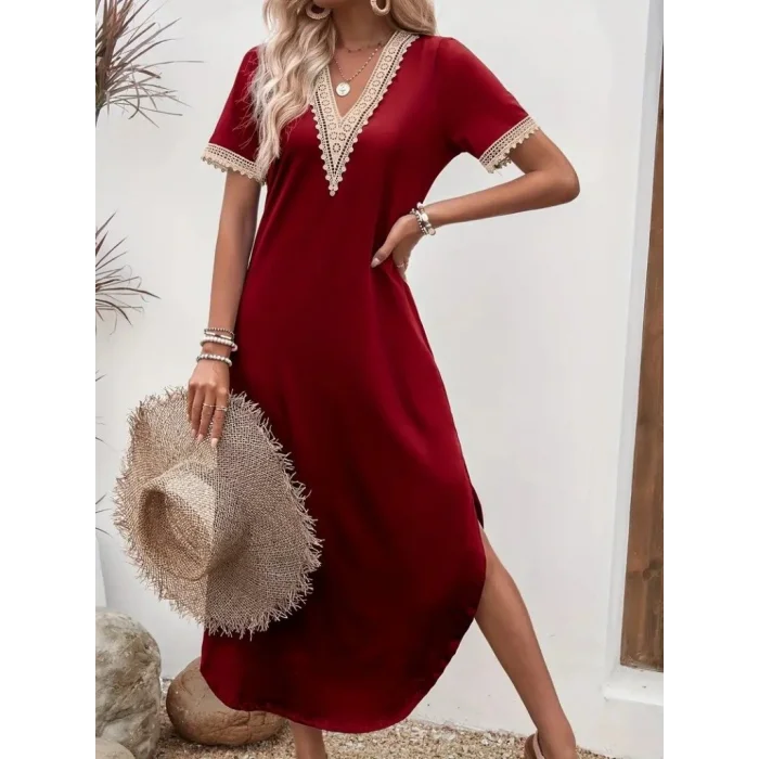 Kadın Kısa Kollu Dantel V Yakalı Uzun Viskon Elbise