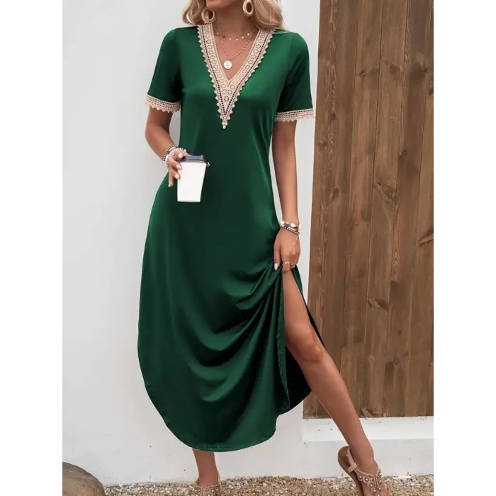 Kadın Kısa Kollu Dantel V Yakalı Uzun Viskon Elbise