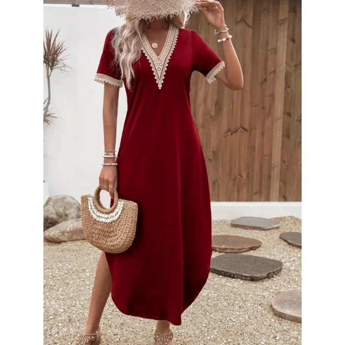 Kadın Kısa Kollu Dantel V Yakalı Uzun Viskon Elbise