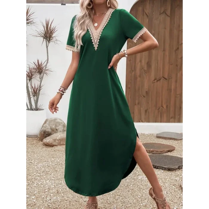 Kadın Kısa Kollu Dantel V Yakalı Uzun Viskon Elbise
