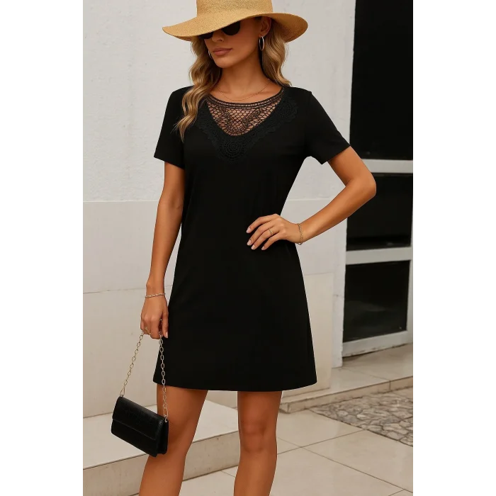 Kadın Kısa Kollu Dantel Yakalı Kısa Viskon Elbise