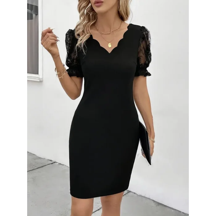 Kadın Kısa Kollu Dantelli V Yakalı Yanlardan Büzgülü çapraz Detaylı Ithal Krep Elbise