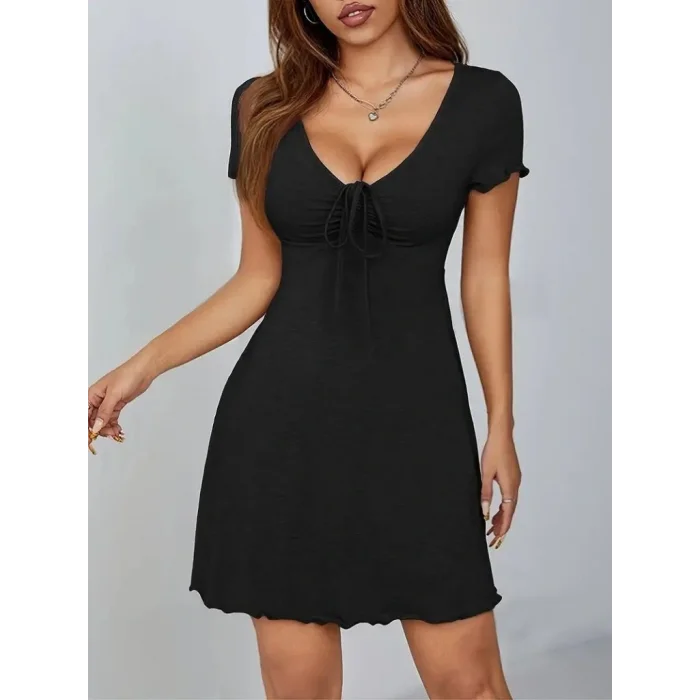 Kadın Kısa Kollu Derin Büzgülü V Yakalı Viskon Elbise